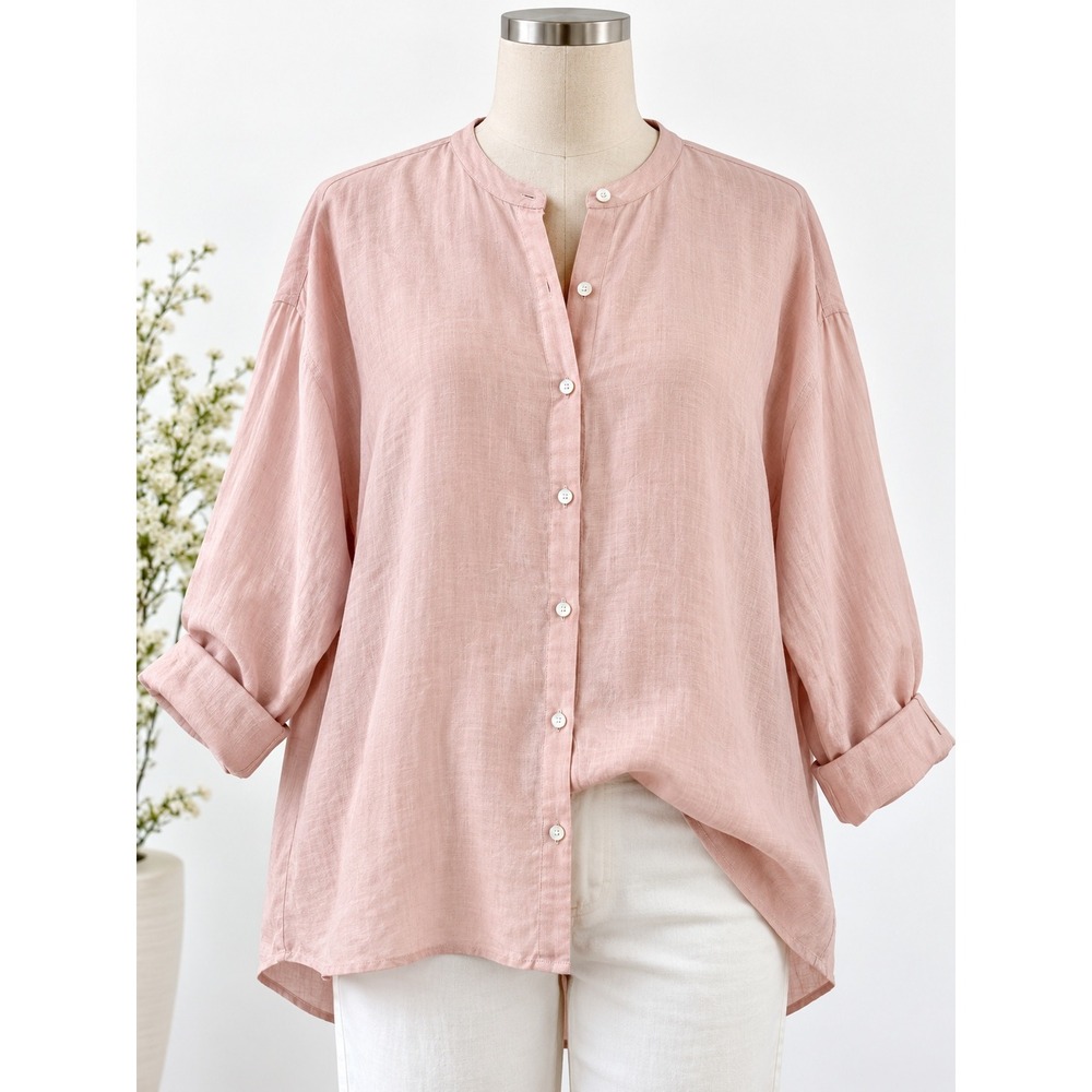 Eileen Fisher Organic Linen Shirt Women L Blush Pink Button Front Tunic